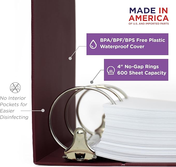 Carstens 4-Inch Heavy Duty 3-Ring Binder - Side Opening, Wine, Durable Plastic, No-Gap Rings, Waterproof Cover, No Pockets, Holds 600 US Letter Sheets, BPA-Free, Made in USA (1843-3R), Case of 10