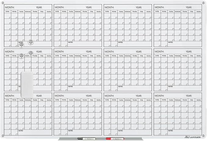 J&J worldwide Magnetic Whiteboard Calendar Glass Board Yearly Calendar - 35" X 47" Large Wall Calendar - White Board Dry Erase Planner for Wall Home, School, Office
