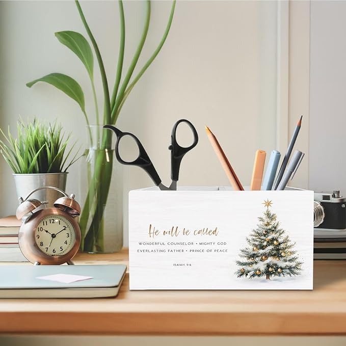 Christian Christmas Tree Pen Holder for Desk, Isaiah 9:6 Bible Verse Wooden Box Sign Desk Decor for Home Office Decoration, Glitter Xmas Tree Pencil Organizer, Christian Christmas Decor