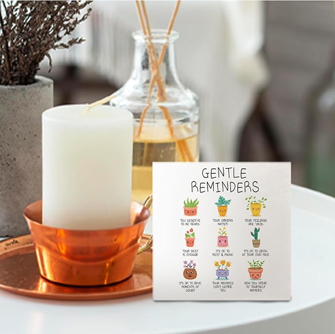 Mental Health Wooden Signs - Gentle Reminders Wooden Box Sign, Inspirational Potted Plant Desk Sign, Therapy Office Decor, Motivated Gifts, 5 X 5 Inches