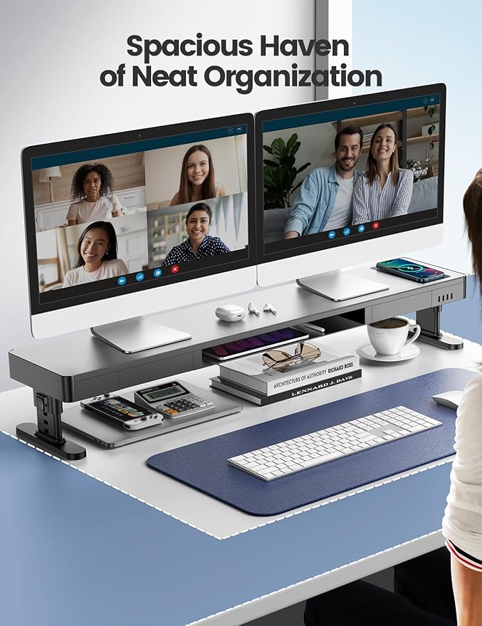 meatanty Dual Monitor Stand with 4 Adjustable Heights, Auto Phone Charging Pad, 4 USB Ports, Computer Riser with Drawers Storage, Metal Double Desk Organizer Lifter Raiser for 2 Monitors Screen Gift