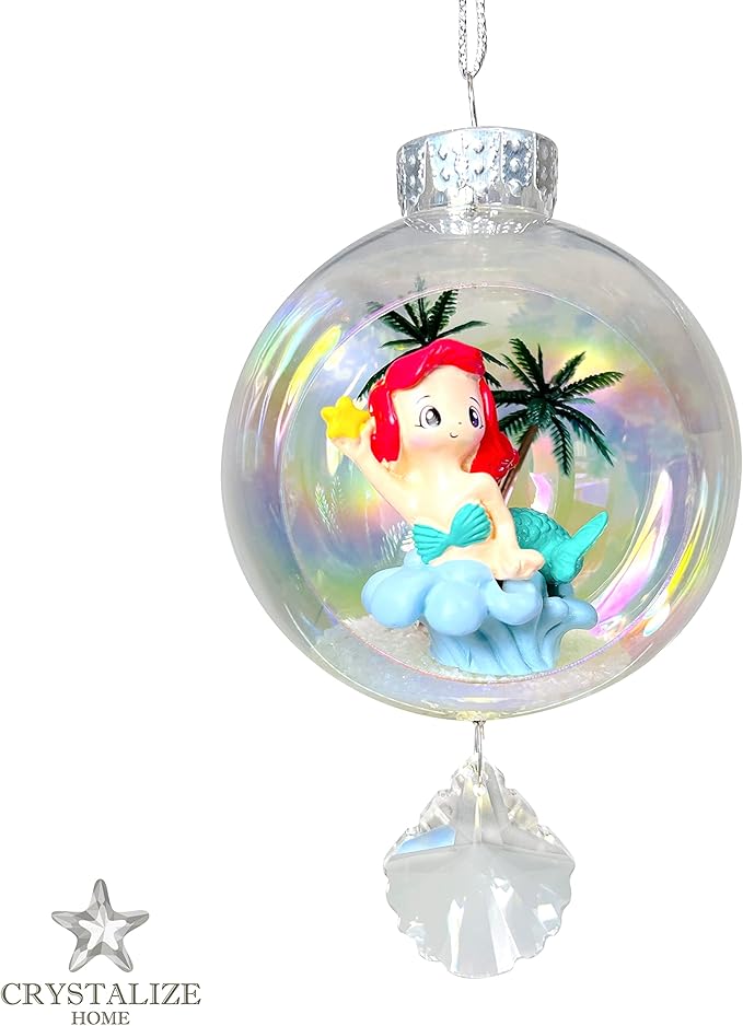 Mermaid Red Christmas Ornament - Handmade Shatterproof Decorations for Indoor Outdoor Xmas Tree - Clear Ball Ornaments with Magnetic Crystal - Great Gift or Stocking Stuffer for Mom, Sister, Friend