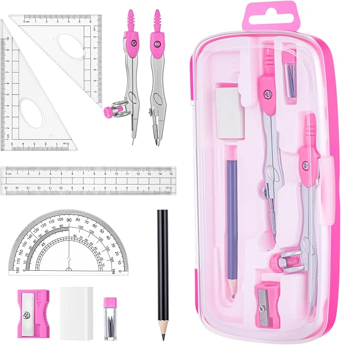 Zonon Math Geometry Set 10 Pcs Student Supplies with Shatterproof Storage Box, Includes Rulers Protractor Compass Pencil Sharpener Lead Refills Eraser Pencil for Drafting and Drawings(Pink)