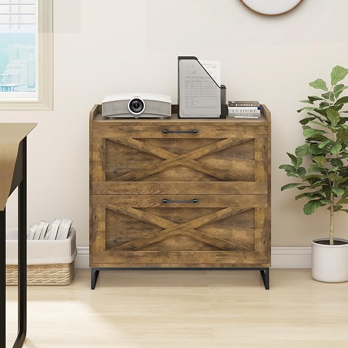 File Cabinet 2 Drawers Lateral File Cabinet with Charging Station for Letter/Legal/A4 Size Hanging Files, Large Wood File Storage Cabinets Printer Stand for Home Office, Brown