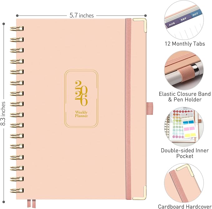 RETTACY 2026 Planner, Weekly and Monthly, Medium Size (5.7" x 8.3"), Jan - Dec 2026, Agenda, Calendar, 12 Month Tabs, Hardcover, 100 GSM Thick Paper, Spiral-bound (Pink)