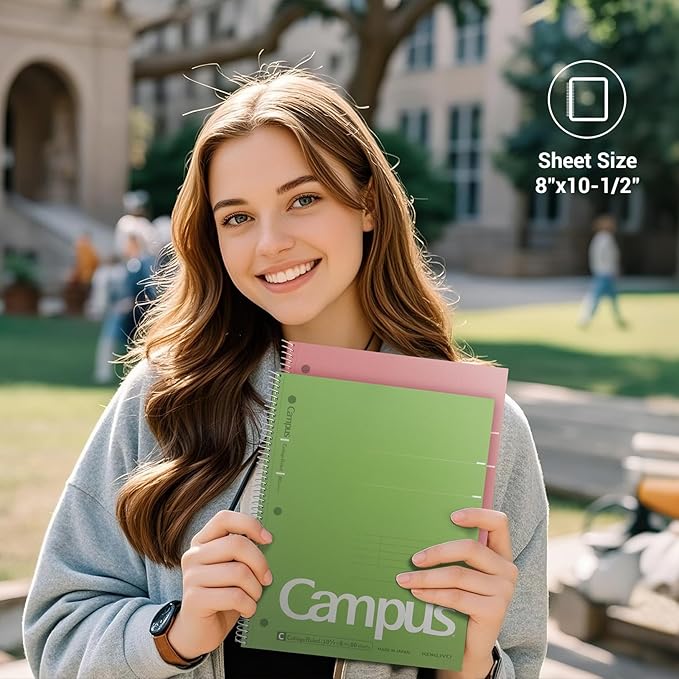 KOKUYO Spiral Notebook, 3 Pack Campus 10-1/2" x 8" Subject Notebooks with College Ruled, 80 Sheets, Pink Blue Green 3 Holes School Spiral Journal for Work Study Note Taking (WSG-SU-400G1×3)