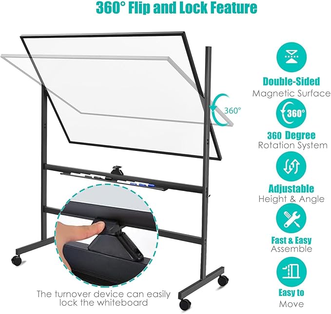 BIBOC 32x48 Inches Large Mobile Dry Erase Whiteboard with Rolling Stand - Double Sided Height Adjustable Whiteboard for Office, School- Aluminum Frame & Durable Writing Surface (48×32 inches)