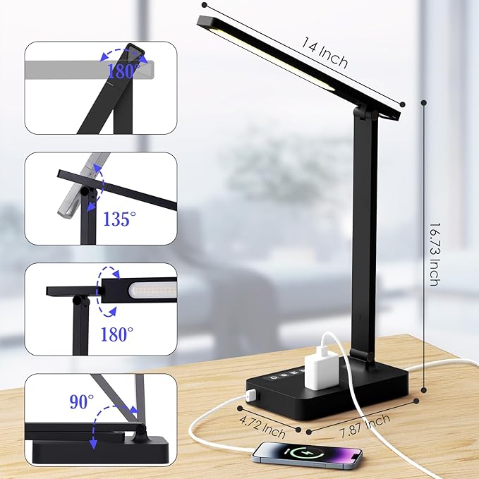 Infiway Desk Lamp with USB Charging Port: LED Desk Lamps for Home Office - 1 USB-A, 1 Type-C Charging Port, 2 AC Power Outlets, Touch Control Dimmable 5 Color 5 Brightness, Night Light(Black)