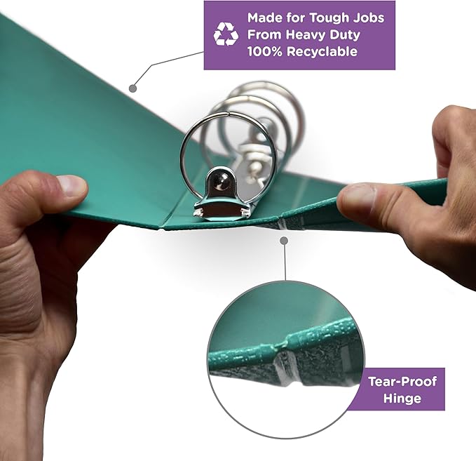 Carstens 4-Inch Heavy Duty 3-Ring Binder - Side Opening, Teal, Durable Plastic, Precision No-Gap Rings, Waterproof Cover, No Pockets, Holds 600 US Letter Sheets, BPA-Free, Made in USA (1847-3R)
