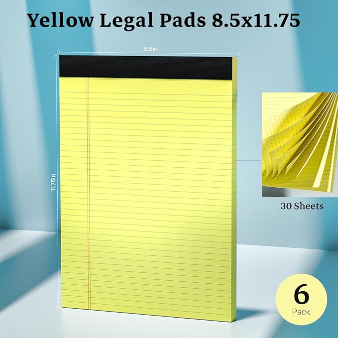 Legal Pad 8.5 x 11 Notepad, 6 Pack Lined Paper College Ruled 8.5 x 11 Legal Pads, Double-Side Printed Yellow Paper Note Pads 8.5 x 11 Writing Paper Pads 30 Sheets Per Note Pad for School, Home, Office