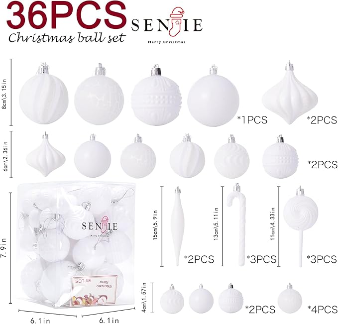 Christmas Tree Ornaments 36 pcs Multi-Size Candy Cane Shatterproof Ball Ornaments Set for Christmas Holiday Wreath & Party Decorations,White