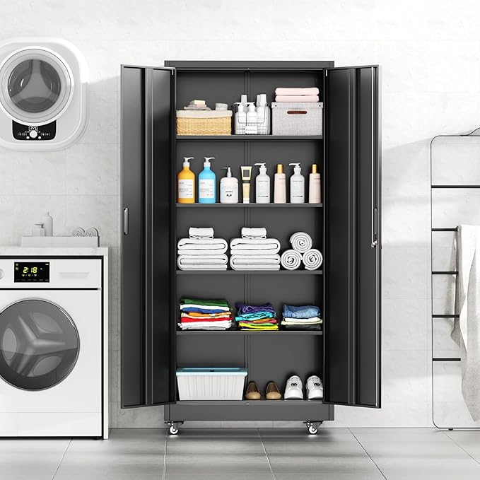 INTERGREAT Rolling Storage Cabinet, 73" Tall Lockable Tool Cabinet with Pegboard and Shelves, Heavy-Duty File Cabinet with Wheels for Garage, Basement, Warehouse, Black