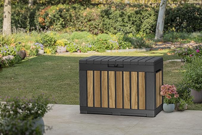 Keter Signature Collection 50 Gallon Resin Deck Box Organization and Storage Box for Patio Outdoor Cushions, Throw Pillows, Garden Tools and Pool Supplies, Oakridge