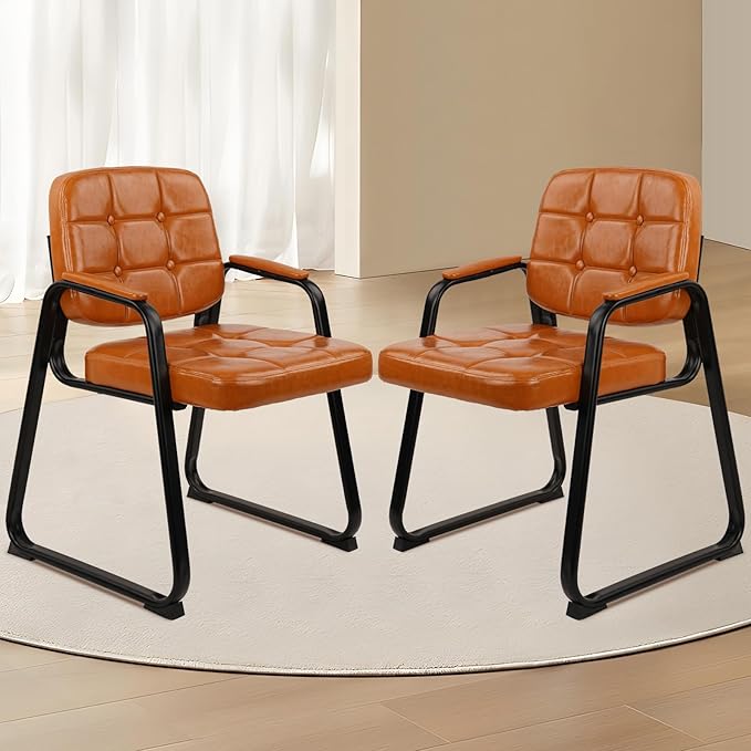 CLATINA Office Guest Chair, Leather Reception Chairs with Padded Arms, Desk Chair No Wheels Stationary for Conference Lobby Waiting Room Training Side Elderly, Set of 2-Orange