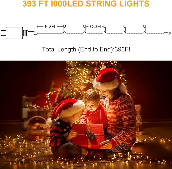 Haili 1000 Led Christmas Lights, Plug in 8 Lighting Modes Waterproof, Outdoor Christmas Lights for Tree Yard Party Indoor Outside Decorations (393FT, Warm White)