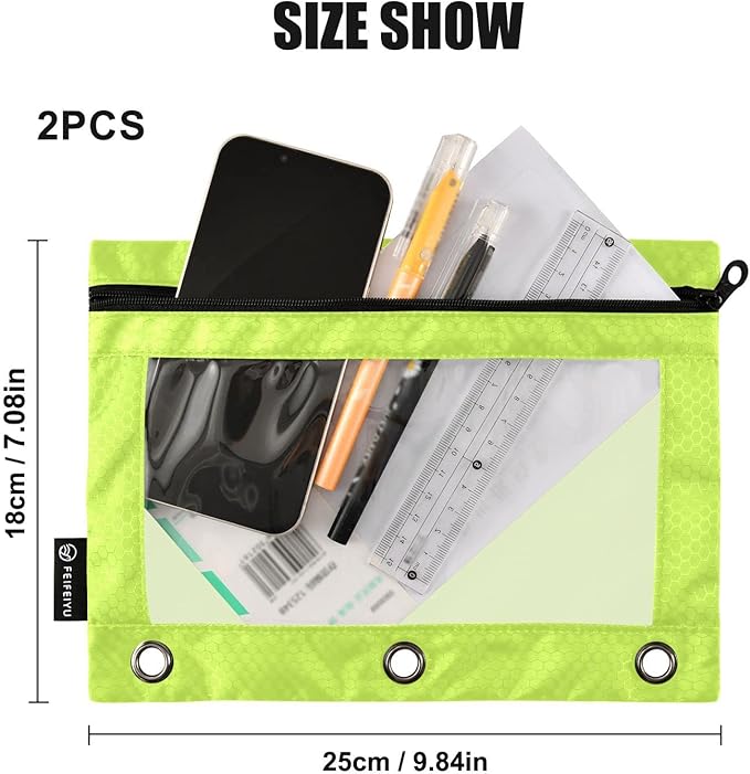 Gredecor Binder Pencil Pouch 3 Ring Lime Geen Zipper Pencil Pouches Case 2 Pack Clear Binder Organizer for School Office