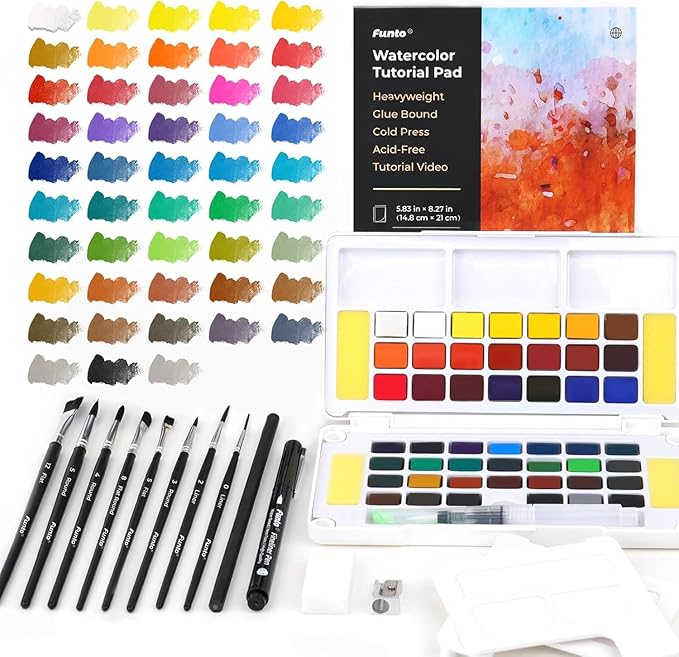 Funto Watercolor Paint Set, 48 Colors, Tutorial Pad, 8 Brushes,Water Brush Pen & More, Painting Set for Adults,Beginners,Professional