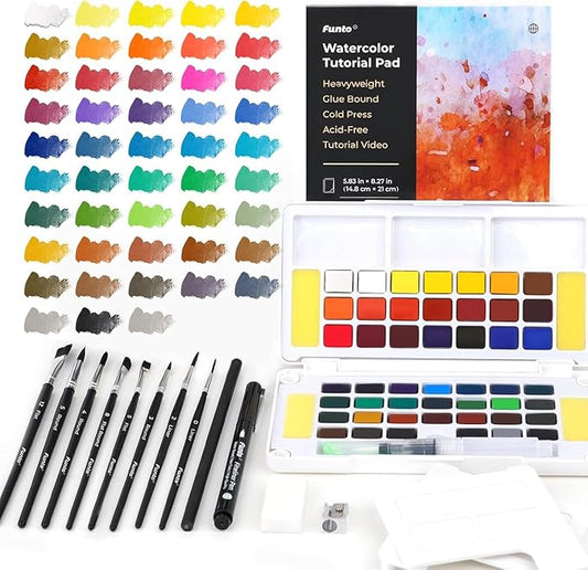 Funto Watercolor Paint Set, 48 Colors, Tutorial Pad, 8 Brushes,Water Brush Pen & More, Painting Set for Adults,Beginners,Professional