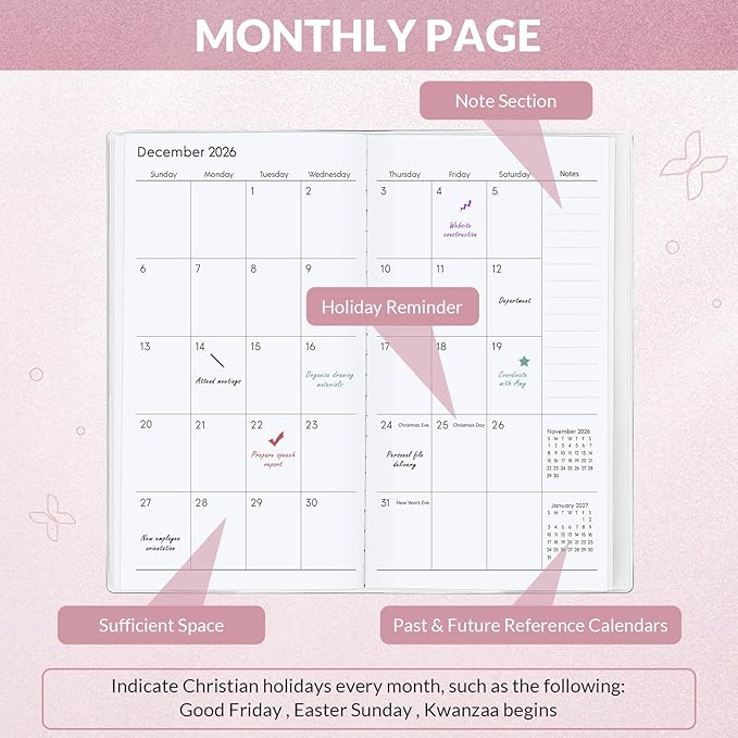 Christian Pocket Calendar 2026-2027, Monthly Planner 2025-2027 - 3.7" x 6.7" - Runs from July 2025 Until December 2027, Pocket Calendar 2026 with PVC Cover for Office, School & Home Supplies