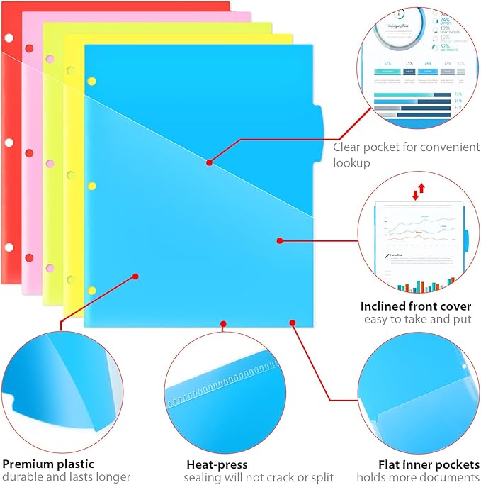 WOT I Plastic 5-tab Dividers with 2 Clear Pockets - 3 Sets, 15 Tabs Binder Dividers for 3 Ring Binder, 5 Fresh Colors