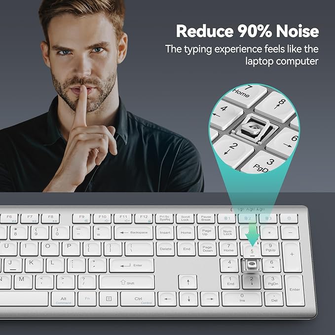 TECKNET Bluetooth Keyboard Rechargeable, 4-Device Free Switching (2.4G+BT), Ultra-Slim Full Size Wireless Keyboard, Quiet Typing, for PC/Laptop/Smart TV/Phone, Adjustable Stand, 12 Multimedia Keys