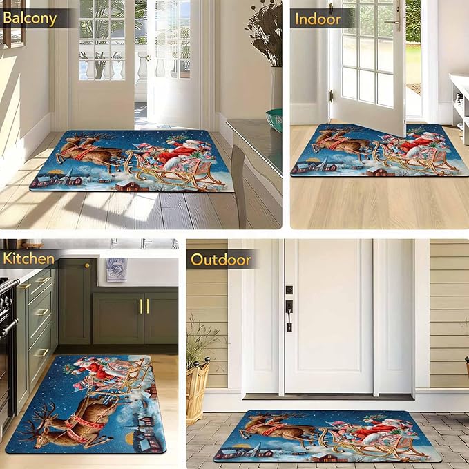 InterestPrint Christmas Reindeer Santa Claus Door Mat Indoor Outdoor, Non-Slip Rubber Christmas Doormat Inside Outside Entrance Welcome Floor Mat for Home Holiday Decor, 16" x 24" Inch