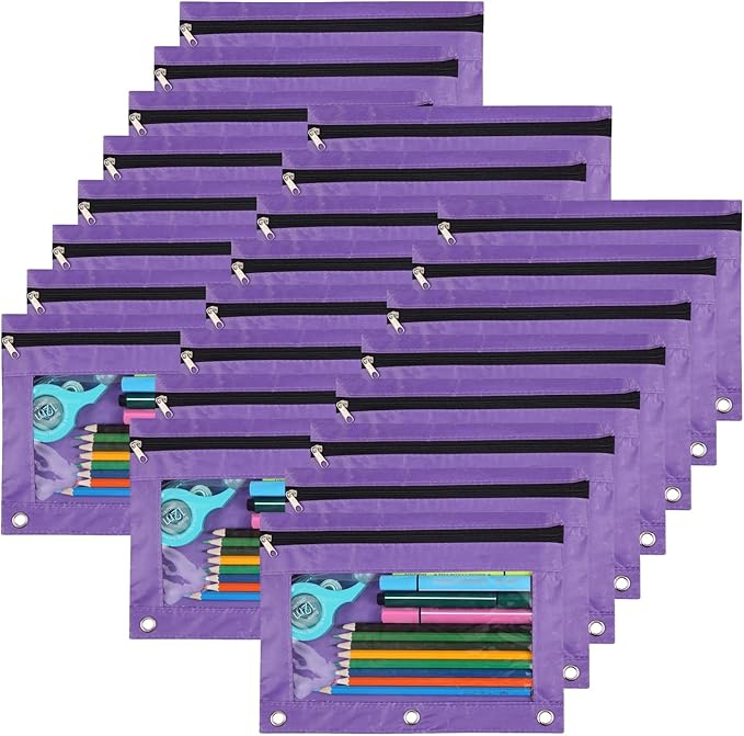 YoeeJob Pencil Pouch for 3 Ring Binder，Zipper Pencil Pouches Bulk，Pencil Case Pouch with Clear Window for Class, School, Office, Purple，24 Packs