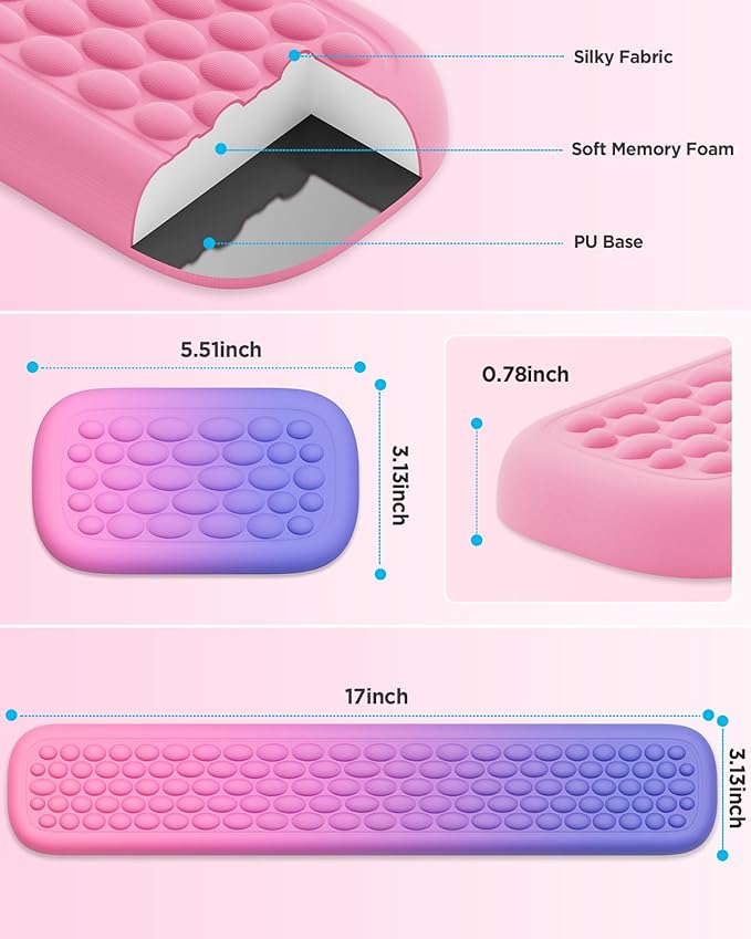 Lekvey Ergonomic Gaming Wrist Rest for Computer Keyboard & Mouse - Premium Silky Memory Foam Wrist Pad with Massage Points, Pain Relief & Comfort Wrist Support for Typing, PC, Game (Pink/Purple)