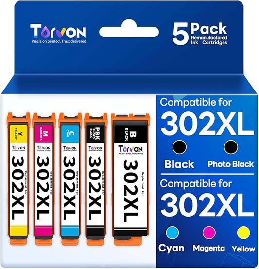 Remanufactured Ink Cartridge Replacement for Epson 302XL Ink Cartridges Multipack 302 XL T302 T302XL Compatible with Epson XP-6100 XP6100 XP-6000 XP6000 Printer(5 Pack, PBK/BK/C/M/Y)