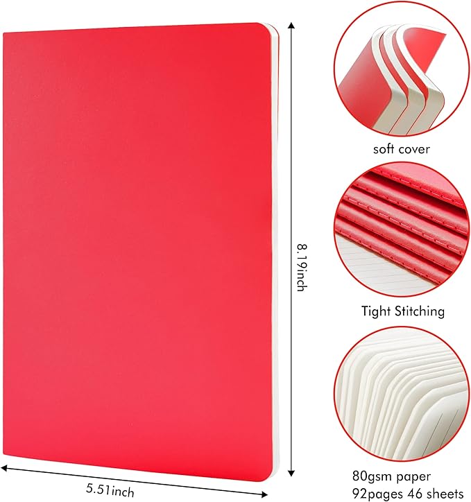 feela 36 Pack Soft Cover Journal Bulk, Lined Blank Travel Journal for Women Men Writing, Notebooks College Ruled for Work, Note Taking Notebook School Business Supplies, 8.2” x 5.5”, A5, Red