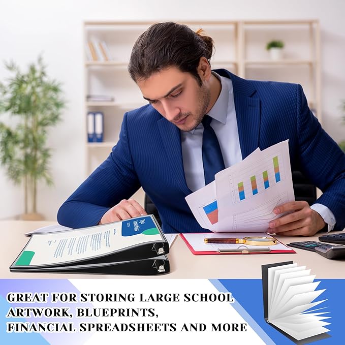 4 Pcs 11 x 17 Inch View Binders 1 Inch 3 Rings Slant Heavy Duty View D Ring Binders Economy Holds 11" x 17" Paper for Artwork Blueprints, Office, Home, Work Places(Black)