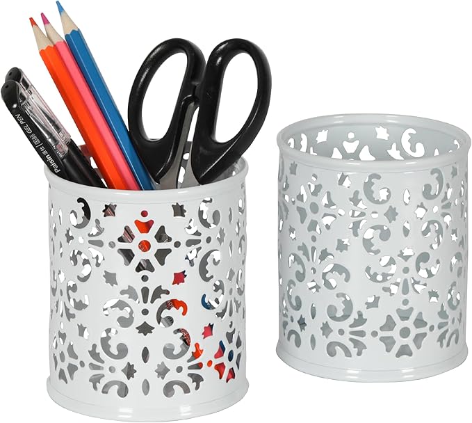 EasyPAG Metal 2-Piece Pen Holder Set Desk Accessories & Workspace Organizers for Classroom, School & Office,White