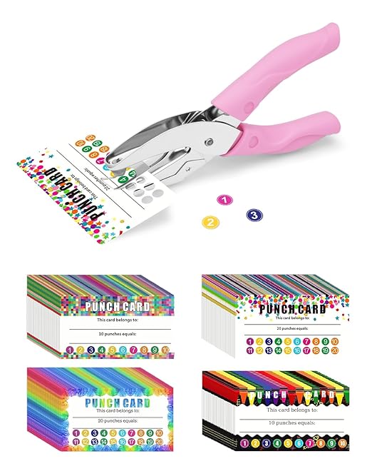 UCEC 200 Pieces Punch Cards for Classroom with Circle Hole Puncher, Incentive Loyalty Reward Card with Handheld Single Punch Kit to Behavior for Business Home Classroom School Kids Students Teachers