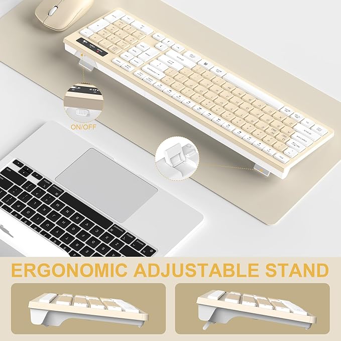 Wireless Keyboard and Mouse Combo, Full-Sized Wireless Keyboard and Adjustable DPI Mouse, 2.4GHz USB Receiver, Keyboard and Mouse for PC, Windows, Desktop, Laptop (Latte Color)