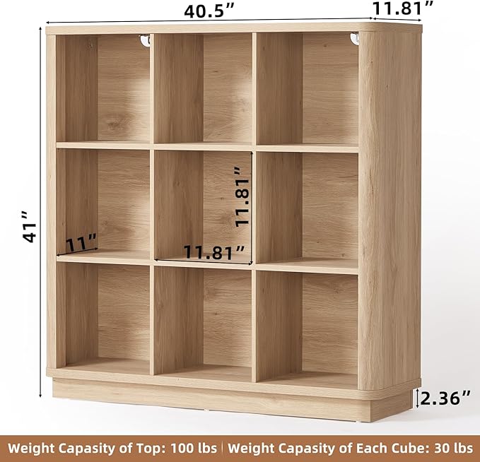 9 Cube Storage Book Shelf, 41" Tall Organizer Bookshelf with Curved Edge, Floor Standing 3-Tier Wood Cubby Bookcase with Base, Modern Display Book Case for Living Room, Home Office,Natural Oak