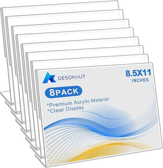 8 Pack Acrylic Sign Holder 8.5x11 Inches,Slanted Back Clear Plastic Paper Display Holder,Picture Photo Document Flyer Frames Display Stand for Office Desktop,Store,Restaurant-Horizontal