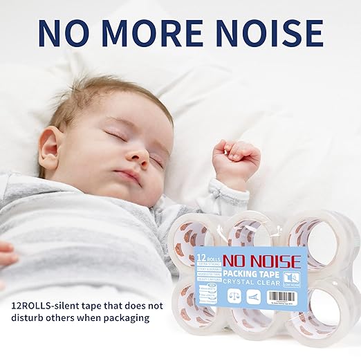 TAPEBEAR No Noise Clear Packing Tape, Quiet Packaging Tape Refill Rolls, 2.6mil x 1.88" x 55 Yards Heavy Duty Packing Tape for Sealing, Storage, Moving and Shipping, 12 Rolls, Total 660Yards