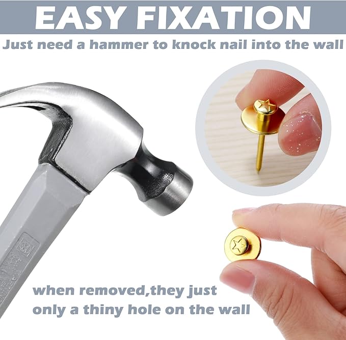 Zhengmy 40 Pcs Double Headed Picture Hangers Nails 4 Size Long Thumb Tacks Wall Nails for Hanging Pictures Decorative Push Pins Hooks for Drywall Photo Office Home Decor, 20/30/ 40/ 50lb(Gold)