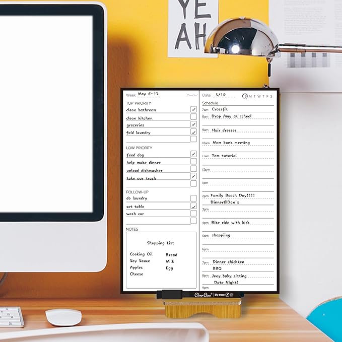 Dry Erase Desk Planning Board - Reusable Desktop Weekly Planning Board, Daily Schedule with Time Slots - 11"x8.5" Tabletop Dry Erase Board with Stand - Marker Included