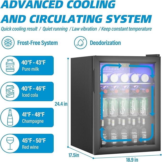 Compact Beverage Refrigerator, 95 Can/2.6 Cubic Feet Fridge with Glass Front Door for Soda, Beer or Wine, Under Counter Small Refrigerator with Adjustable Shelve & Digital Display(Black)
