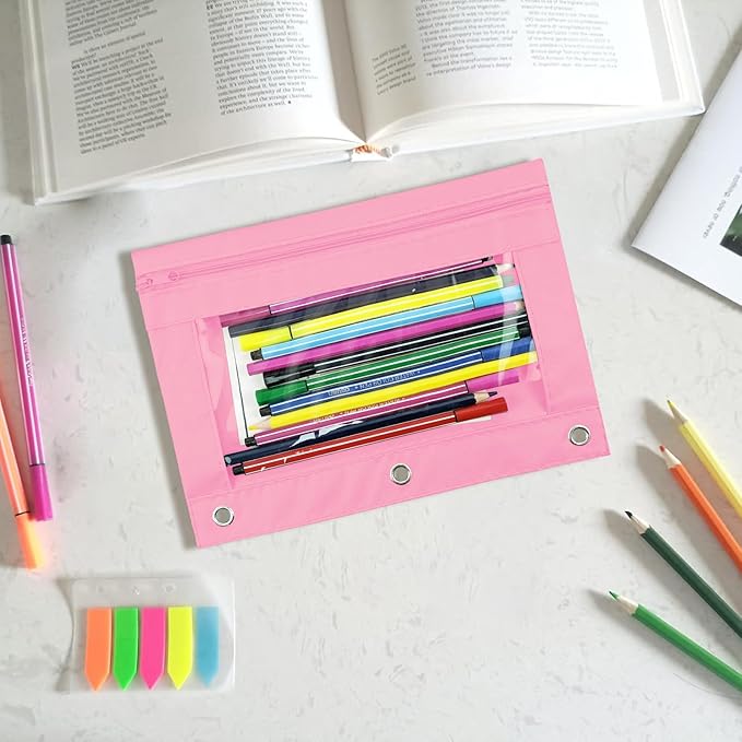 YoeeJob Pencil Pouch for 3 Ring Binder, Zipper Binder Pencil Pouches Bulk, Pencil Case with Clear Window for Class, Office, Pale Pink, 24 Packs