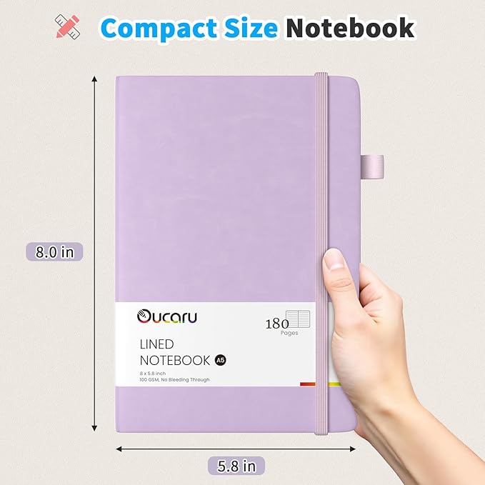 Oucaru Lined Journal Notebook, 2 Pack, 180 Pages, A5 Journals for Writing, 100 GSM Thick Paper, Small Notebooks Daily Journal for Women Men Work, Business, School, Travel Supplies