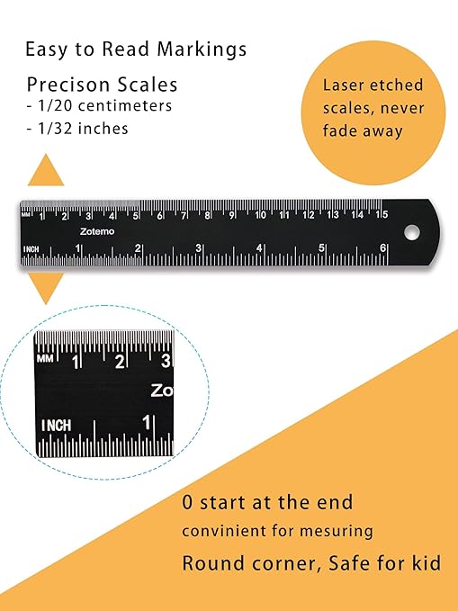6 Inch Metal Ruler Set - Dual Scale Metric & Imperial,150 mm Straight Edge Rule, Laser Engraved, Edge-to-Edge Measuring for School, Geometry, Crafting & Gifts (2-Pack)