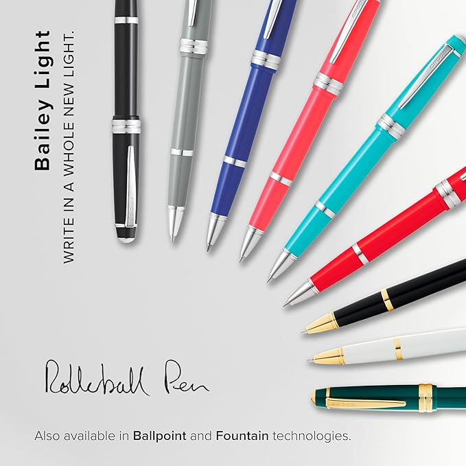 Cross Bailey Light Refillable Rollerball Pen Presented in a Everyday Gift Box - Medium Point, Black Ink, Glossy Black