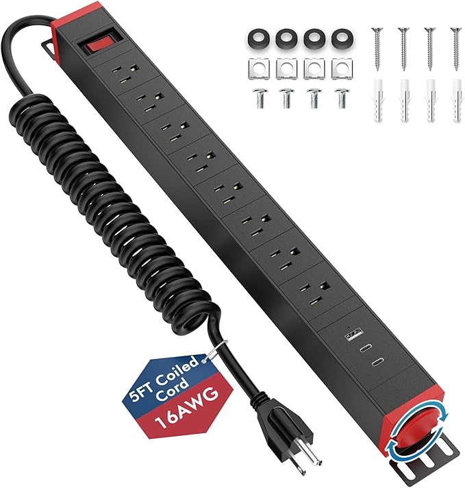 8 Outlet Surge Protector Power Strip,360° Rotatable Mounting,PD 20W USB C Fast Charging, Mountable Powerstrip Metal with 5FT Colied Cord for Home Office Industrial Garage Commercial