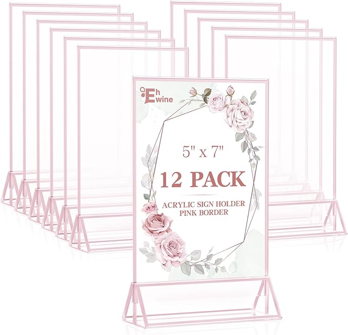 EHWINE 12 Pack Acrylic Sign Holder 5 x 7, Double-Sided Stand up Table Top Sign Holders, Pink Acrylic Picture Frame Menu Flyer Paper Holder Display Stand for Office Business Store Wedding Party