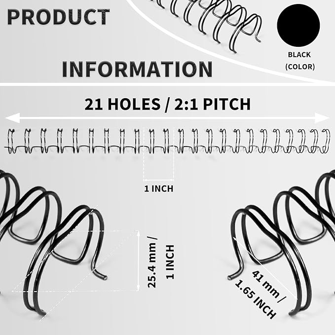 Rayson WR21254BK Wire Binding Spines, 2:1 Pitch Double Loop Binding Wires 1 Inch, 21-Loop Wire Ring Pack of 50 with Black