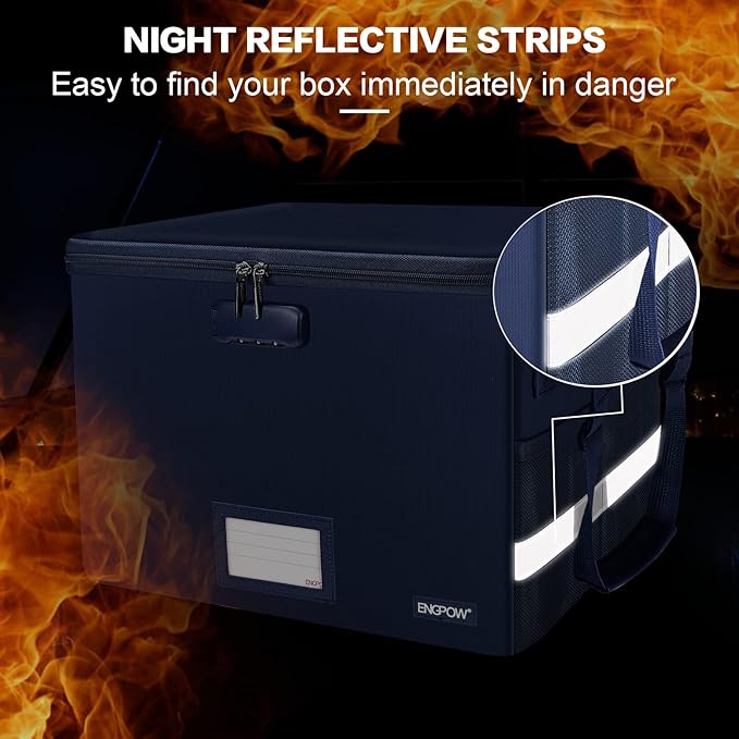 ENGPOW File Box with Lock, Fireproof Document Box with Zipper＆Pockets, Collapsible File Organizer Filing Storage Cabinet with Handle, Portable Home Office Safe for Hanging Letter/Legal Folder, Blue