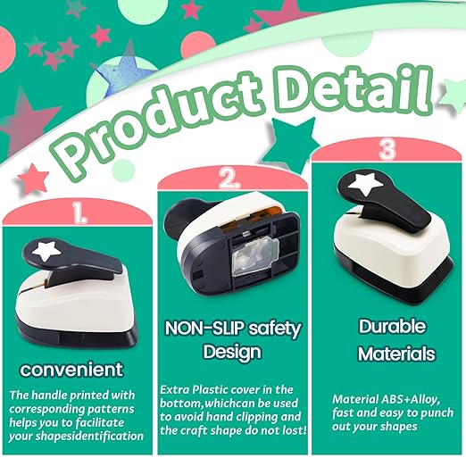 Paper Hole Punch, Heart Hole Puncher, Circle Punch, Star Hole Punches, 1 inch Circle Hole Puncher, 1 inch Star Punches, 1 in Heart Punch, Shape Hole Punch, 3 PCS CraftPunch