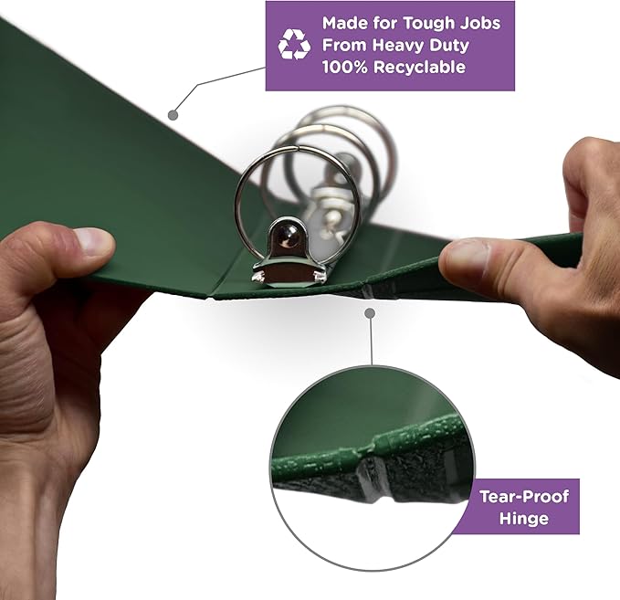 Carstens 4-Inch Heavy Duty 3-Ring Binder - Side Opening, Forest Green, Durable Plastic, No-Gap Rings, Waterproof Cover No Pockets, Holds 600 US Letter Sheets, BPA-Free Made in USA (1850-3R) Case of 10
